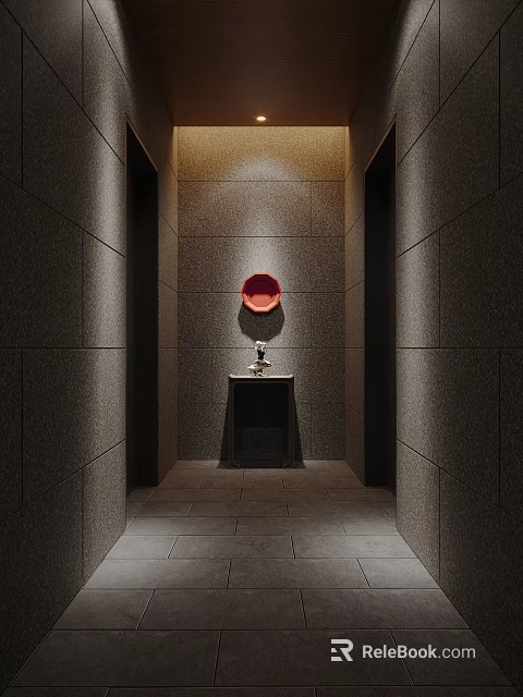 Elegant Elevator Hallway Interior Design With Gray Stone Walls Ceiling Lights And Red Decorative Artwork 3d model 
