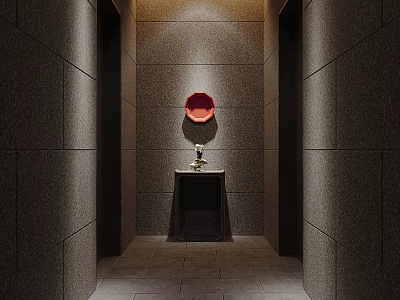 Elegant Elevator Hallway Interior Design With Gray Stone Walls Ceiling Lights And Red Decorative Artwork 3d model