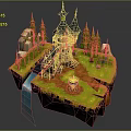 Enchanting Cartoon Scene With Castle Spires Pine Trees Waterfall And Green Grass