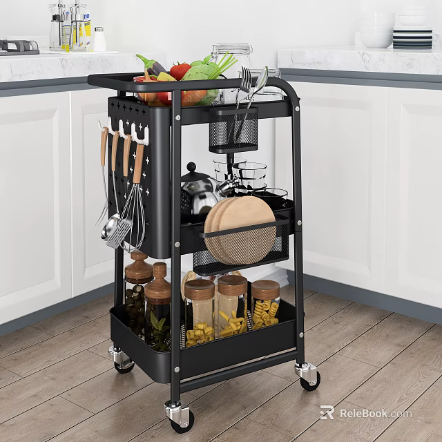 Black Multi Layer Wheeled Kitchen Storage Cart With Fruits Vegetables Utensils And Spice Jars 3d model 