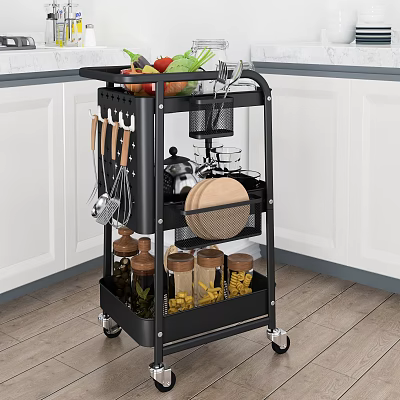 Black Multi Layer Wheeled Kitchen Storage Cart With Fruits Vegetables Utensils And Spice Jars 3d model