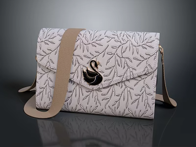 Women's Crossbody Bag With Leaf Pattern White Background Black Swan Buckle Beige Strap 3d model