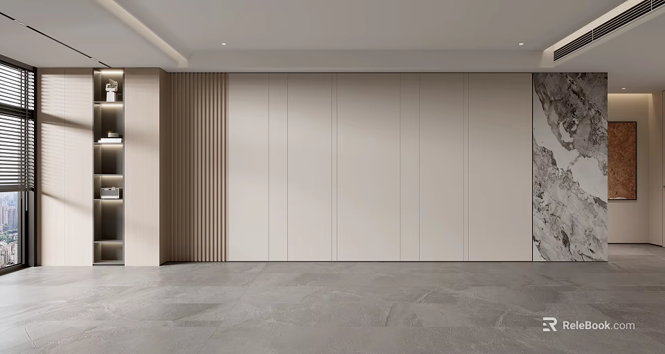 Modern Sofa Background Wall Design With Light Colored Panels Wooden Slats And Decorative Shelf 3d model 