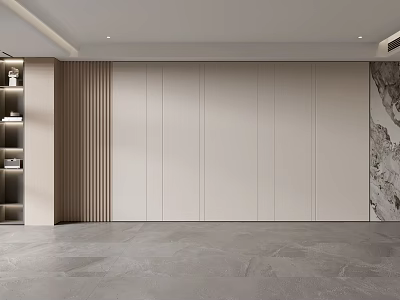 Modern Sofa Background Wall Design With Light Colored Panels Wooden Slats And Decorative Shelf 3d model