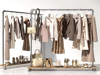 Stylish Clothing Rack with Hanging Garments Handbags and Shoes in Modern Retail 3d model