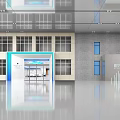 Modern Exhibition Hall Entrance With White Structure Glass Doors Blue Circular Decoration And Green Plant