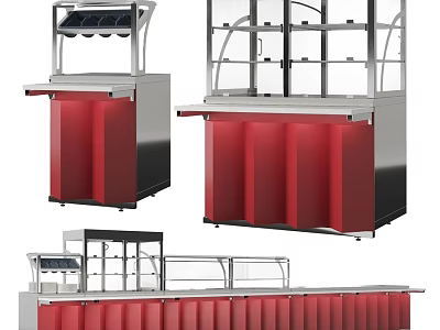 Commercial Equipment Red Silver Display Counters With Open Glass Design And Service Tops 3d model