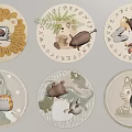 Round Rugs With Decorative Animal Patterns Letters Plant Elements And Soft Colors 3d model