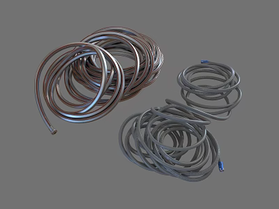 Copper and Gray Coiled Metal Tubes with Blue Accents on Gray Background 3d model