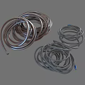 Copper and Gray Coiled Metal Tubes with Blue Accents on Gray Background
