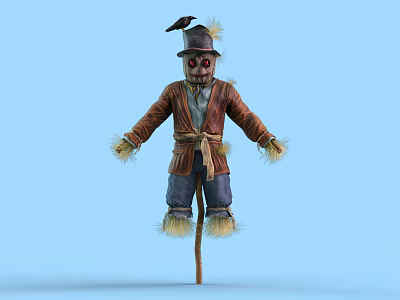 Farm Agricultural Equipment Scarecrow With Brown Coat And Blue Pants For Bird Deterrent 3d model