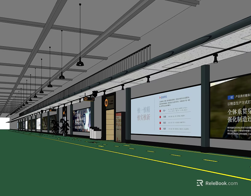 Modern Elevator Corridor with Large Digital Screens Hanging Lights and Green Flooring 3d model 