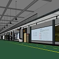 Modern Elevator Corridor with Large Digital Screens Hanging Lights and Green Flooring