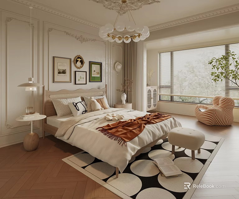 Elegant Bedroom Interior With Wooden Flooring Chandelier Decorative Paintings And Geometric Rug 3d model 