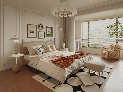 Elegant Bedroom Interior With Wooden Flooring Chandelier Decorative Paintings And Geometric Rug 3d model