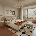 Elegant Bedroom Interior With Wooden Flooring Chandelier Decorative Paintings And Geometric Rug