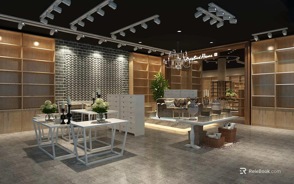 Modern Specialty Store Interior With Brick Wall Decor White Tables And Chandelier Lighting 3d model 