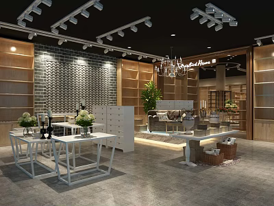 Modern Specialty Store Interior With Brick Wall Decor White Tables And Chandelier Lighting 3d model