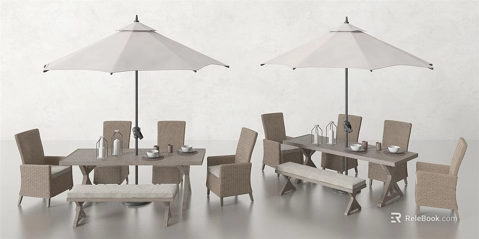 Outdoor Table With Umbrella Chairs And Bench For Outdoor Dining Setting 3d model