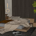 Cozy Platform Double Bed with Wooden Wall Ring Pendant Light Bedside Table and Green Plant