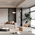 Modern Living Room With Beige Sofa Coffee Tables Floor Lamp Area Rug And Potted Plant