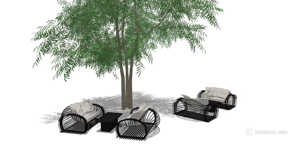 Outdoor Sofa with Wicker Black Frame Light Cushions and Coffee Table Under Large Tree 3d model 