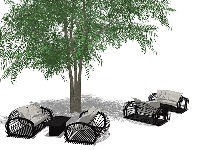 Outdoor Sofa with Wicker Black Frame Light Cushions and Coffee Table Under Large Tree 3d model