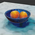 Blue Patterned Bowl With Two Fresh Oranges On White Marble Table
