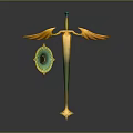 Ornate Decorative Weapon Sword With Golden Wings Green Gemstone And Intricate Handle Design