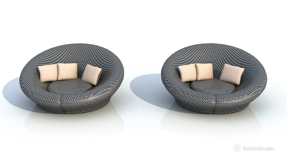 Two Modern Woven Lounge Chairs With Black Frame And Beige Cushions 3d model 