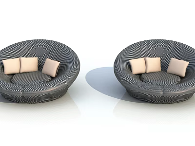 Two Modern Woven Lounge Chairs With Black Frame And Beige Cushions 3d model