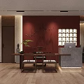 Traditional Tea Room Interior Design With Wooden Table Benches And Hanging Lights