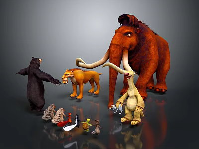 Ice Age Cartoon Characters Including Mammoth Sloth Sabertooth Bear And Small Animals Standing Together 3d model