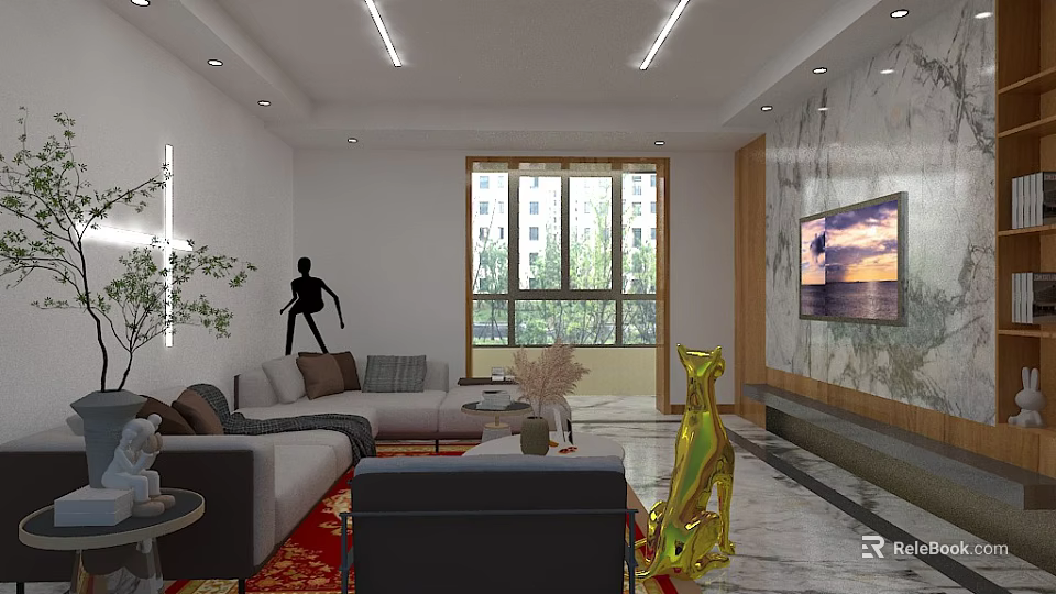Modern Living Room Interior Design With Gray Sofa Black Armchair Red Carpet And Golden Sculpture 3d model 