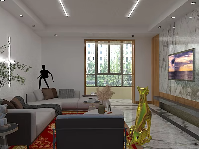 Modern Living Room Interior Design With Gray Sofa Black Armchair Red Carpet And Golden Sculpture 3d model