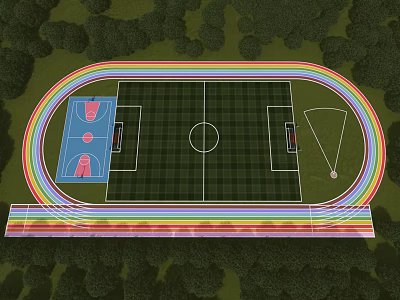 Soccer Field With Rainbow Colored Track Basketball Court And Green Trees Background 3d model