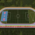 Soccer Field With Rainbow Colored Track Basketball Court And Green Trees Background