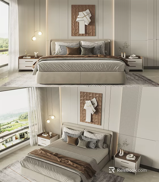 Modern Double Bed Interior Design With Bedside Tables Decorative Art And Pendant Lights 3d model 