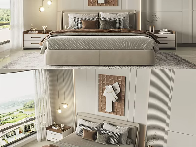 Modern Double Bed Interior Design With Bedside Tables Decorative Art And Pendant Lights 3d model