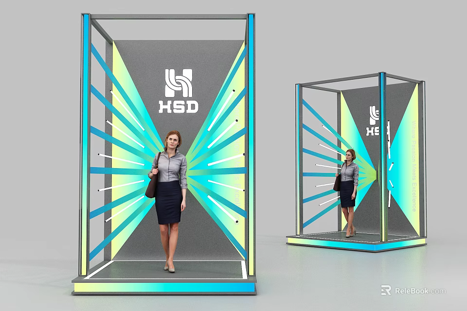 Modern Display Booths With HSD Logo And Woman Model In Radiant Blue Green Design 3d model 