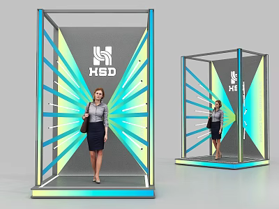 Modern Display Booths With HSD Logo And Woman Model In Radiant Blue Green Design 3d model