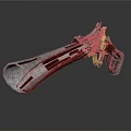 Ornate Engraved Revolver Featuring Long Barrel And Red Grip Design Elements