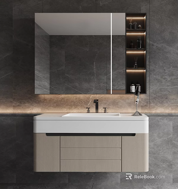 Modern Bathroom Vanity with Mirror Gray Stone Wall and Under Cabinet Lighting 3d model 