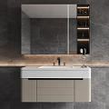 Modern Bathroom Vanity with Mirror Gray Stone Wall and Under Cabinet Lighting