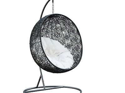 Modern Black Wicker Hanging Chair with White Cushion and Metal Stand 3d model