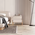 Modern Double Bed In Neutral Tones With Wooden Accent Wall Nightstands Pillows And Herringbone Floor