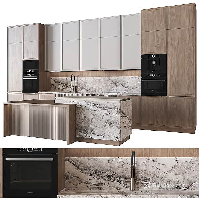 Modern Kitchen Interior With Wooden Cabinets Marble Island And Appliances 3d model 