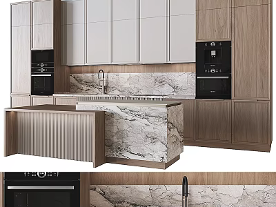 Modern Kitchen Interior With Wooden Cabinets Marble Island And Appliances 3d model