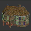 Cartoon Style House 3D Model With Brown Tile Roof Stone Walls Windows Porch And Chimney