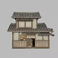 Traditional Japanese Ancient Building With Two Story Wooden Structure And Tile Roof